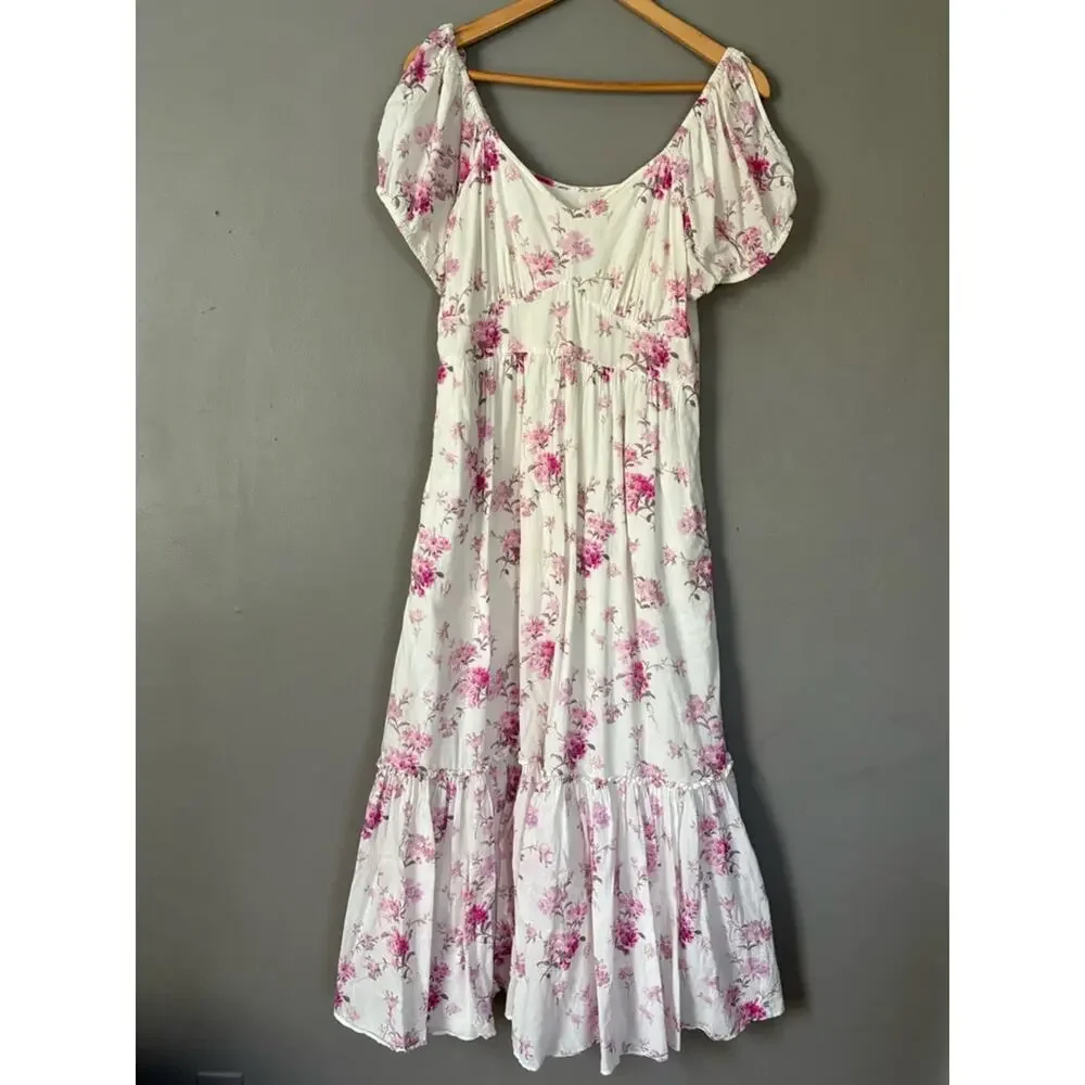 LoveShackFancy Angie Pink Floral Midi Dress | Grandmillennial Romantic Feminine